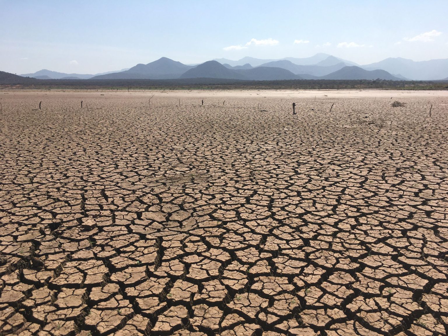 Paisagem rural extensa com o solo severamente rachado sob céu aberto, indicando condições de seca.