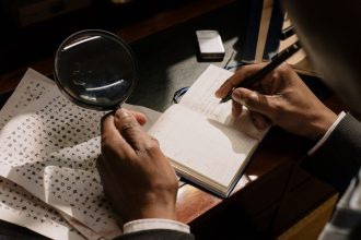 Pessoa analisando documentos com uma lupa e um caderno, em uma representação ilustrativa de investigação.