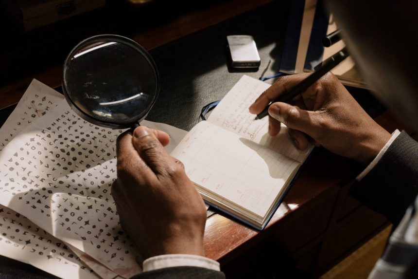 Pessoa analisando documentos com uma lupa e um caderno, em uma representação ilustrativa de investigação.