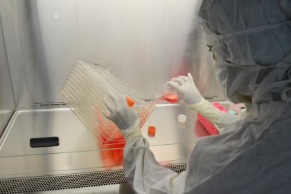 Cientista usando equipamento de proteção manipula culturas celulares em um laboratório de pesquisa.