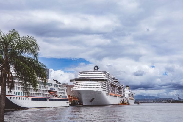 Navios de cruzeiro atracados em um porto tropical, com palmeiras ao redor e céu nublado.